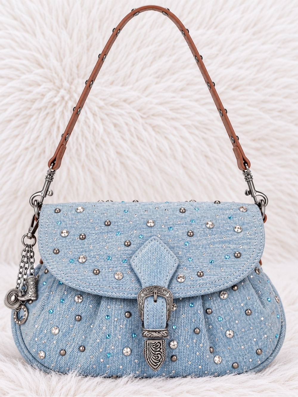 Wrangler Light Wash Denim Rhinestone Studded Shoulder Bag